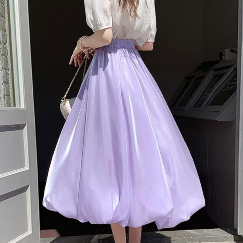 Women's Pink Half Skirt Spring Summer Autumn Mid-Length High-Waisted A-Line Luminous Tulle Skirt Pearlescent Puffy Bloom Skirt