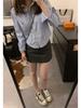 Korean Embroidered Striped Blue Shirt for Women - Spring/Autumn 2026 New Design