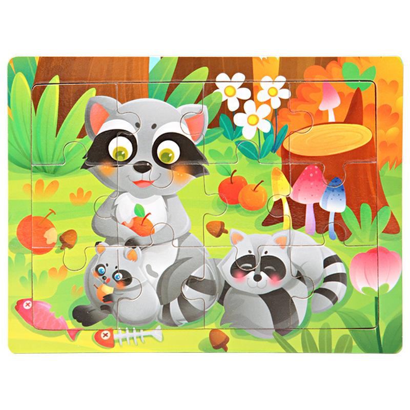 12piece Wooden Jigsaw Puzzle Cartoon Animal Parent-child Theme Puzzles Game Kids Montessori Educational Toys for Children Gifts