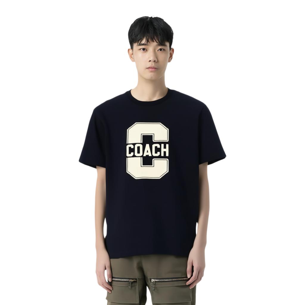 Coach SS25 Letter Print Cotton Crew Neck Short Sleeve T-Shirt Men T-Shirts Navy-Blue CAH84-RF2