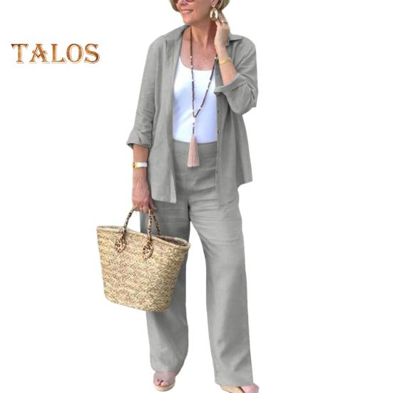 

2 шт./компл., женская рубашка и брюки, комплект со свободными лацканами, однобортная блузка средней длины с длинными рукавами, высокая эластичная талия, широкие брюки, повседневная одежда XL серебряный серый