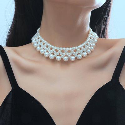 Collana da donna Perla finta Simmetrica multistrato Tinta unita Girocollo liscio Lusso Principessa Stile reale Collo Decorazione Gioielli Prom Matrimonio