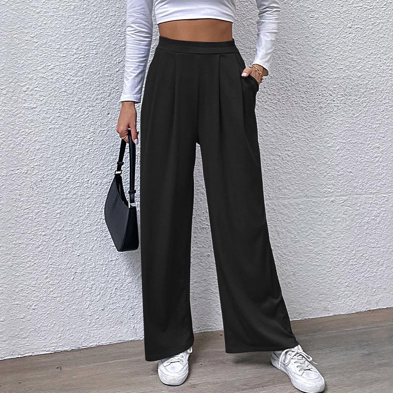 2024 Women's Autumn Solid Color Wide Leg Ribbed Casual Pants with Elastic Waist
