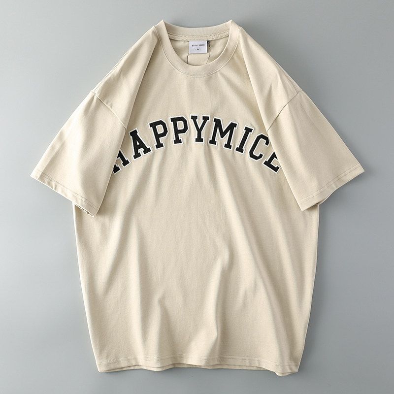 Heavy Weight Men Short Sleeve Export Export Cotton Embroider Light Khaki M