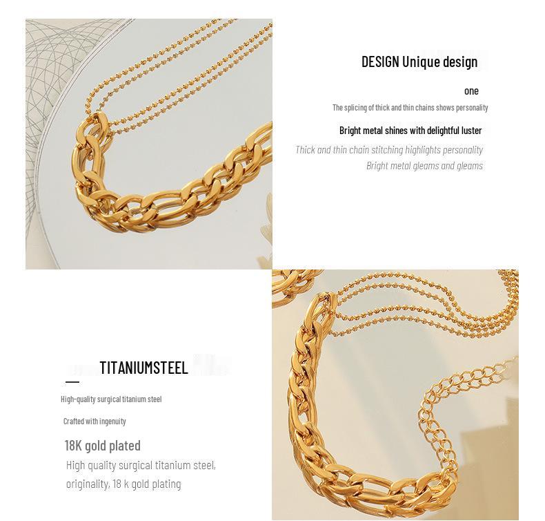 18K Gold Plated Bead Patchwork Necklace & Bracelet Set in Titanium Steel, European & American Fashion.
