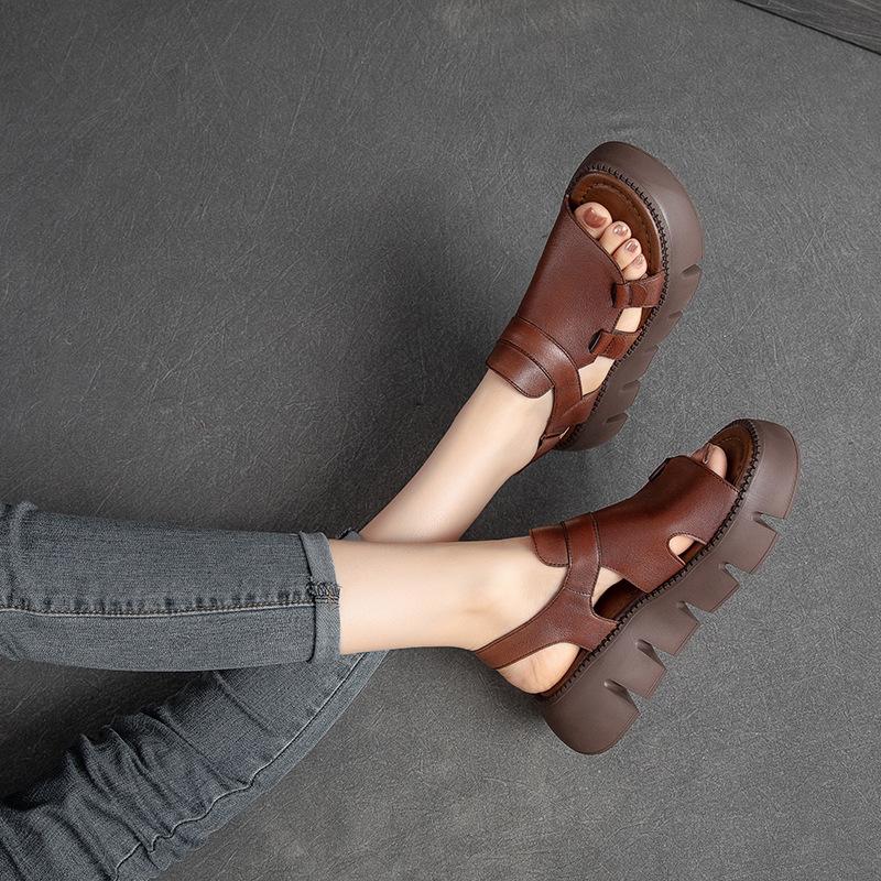 Summer New Arrival Women's Genuine Leather Roman Sandals Hollow Out Platform Magic Strap Casual Walking Shoes