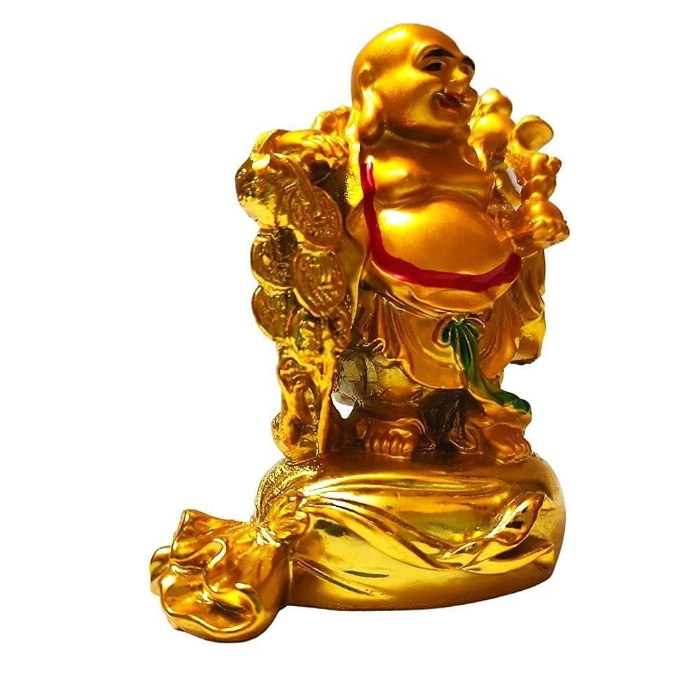 Laughing Buddha Standing on Money Potli Idol Statue Showpiece Happiness and Money Wealth Sitting Idol for Home Decor Living Room