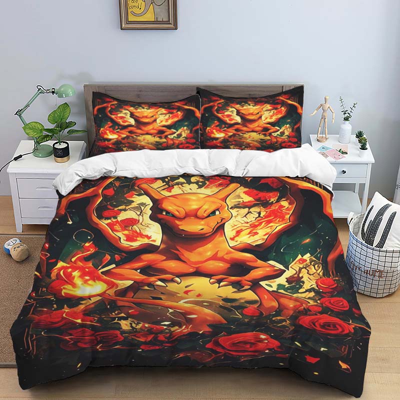Cute Cartoon Charizard-Themed Bedding Set, featuring a soft duvet cover and pillowcases—perfect for teenagers, children, and mor