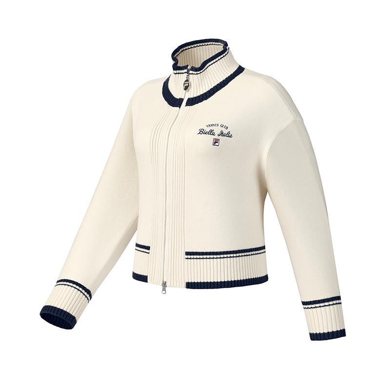 Fila Tennis Simple Classic Retro Sports Casual Versatile Comfortable Loose Knit Cardigan Jacket Women jackets Egrets-White A11W613403FWT