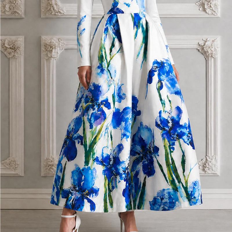 European and American style summer new long-sleeved blue and white porcelain printing long dress dress long dress