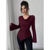 Women Solid Off Shoulder Slim Fit Ribbed Knit Long Sleeve Commute Bottoming Top