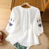 Elegant Cotton Linen Embroidered Shirt Women Summer Heavy Work Thin V-Neck Lantern Sleeve Breathable Casual Versatile Top