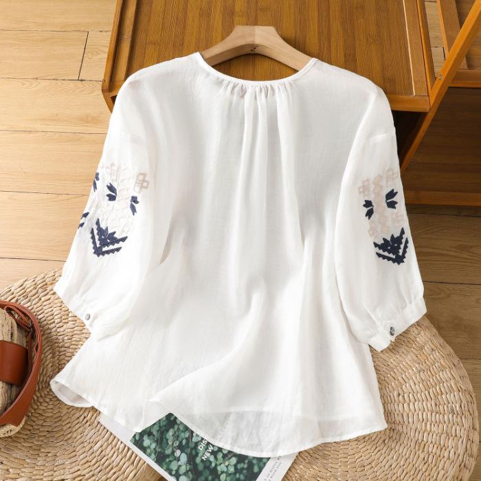 Elegant Cotton Linen Embroidered Shirt Women Summer Heavy Work Thin V-Neck Lantern Sleeve Breathable Casual Versatile Top
