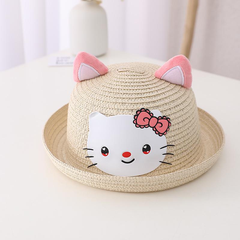 Summer Kids Straw Hat Lightweight Breathable Sun Protection Hat with Cute Cat Ears and Face Design for Toddler Girls Outdoor Activities