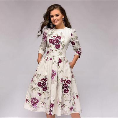 European Fashion Women's 3/4 Sleeve Print A-Line Pleated Dress