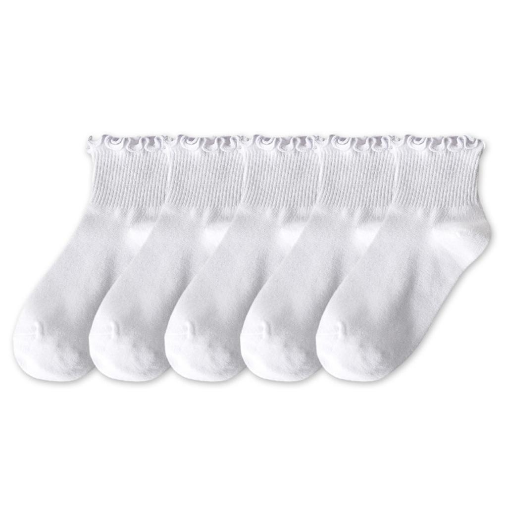 5 Pairs Japanese Style Women Student Crew Socks Solid Color Casual Fashion Frilly Ruffle Trim Short Tube Ankle Socks