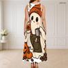 Women Plus Size Round Neck Triple Keyhole Cutout Sleeveless Maxi Dress Halloween Printed