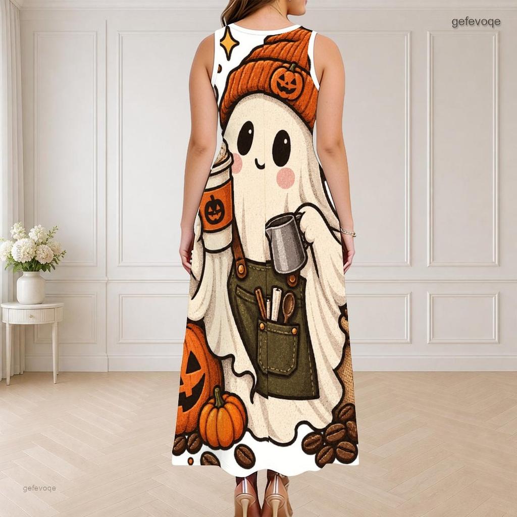 Women Plus Size Round Neck Triple Keyhole Cutout Sleeveless Maxi Dress Halloween Printed