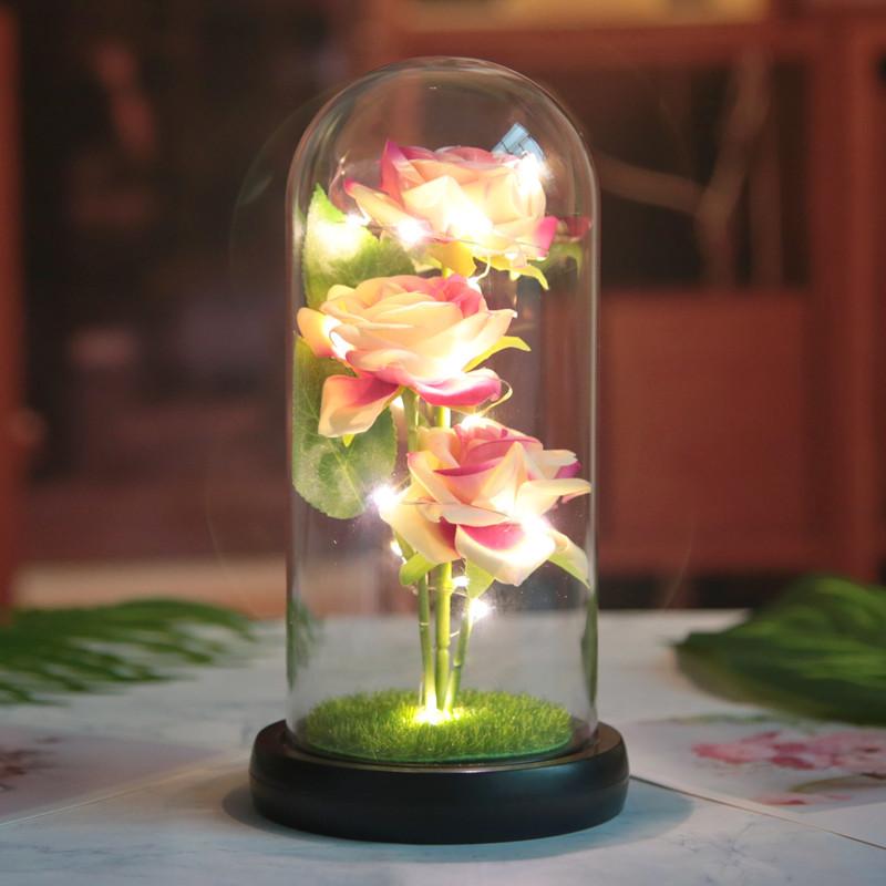 Three simulated immortal flowers, glass cover ornament, LED night light, rose, creative Valentine's Day gift.