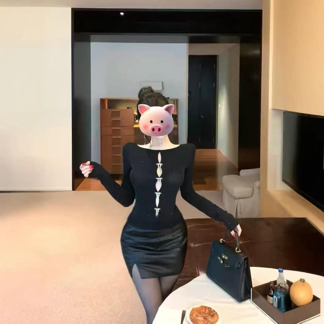 Reversible Bowknot Hollow-Out Round Neck Slim-Fit Long Sleeve Women s Spring Top M чёрный