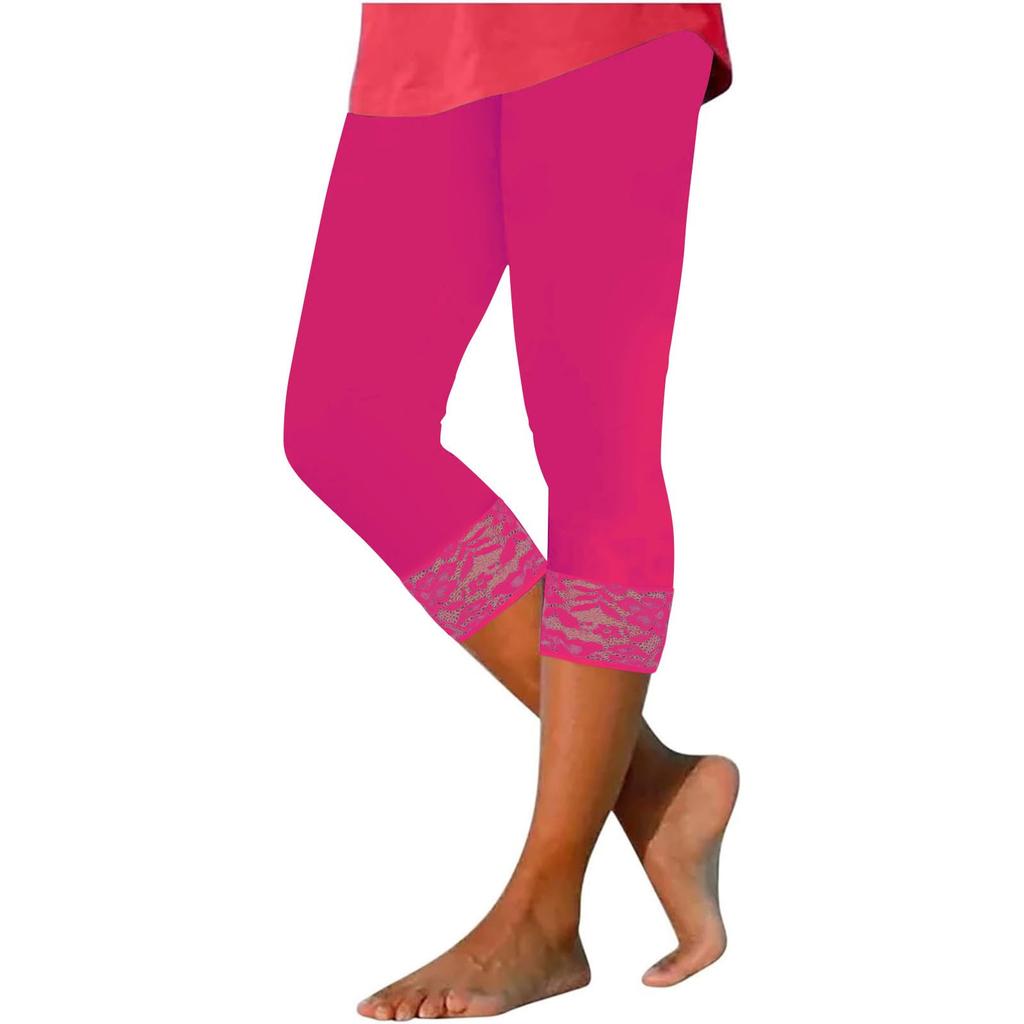 Women's High Waist Pants Lace Stitching Summer -Color Slim Fit Leggings Cropped Pants
