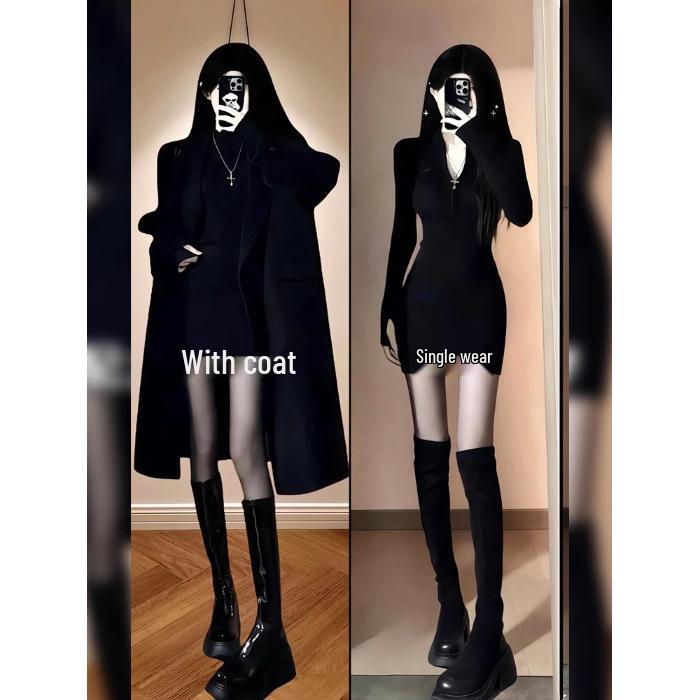 

Black Slim-Fit Long-Sleeved Dress - Autumn/Winter 2025 Hot Girl Style One Size чёрный