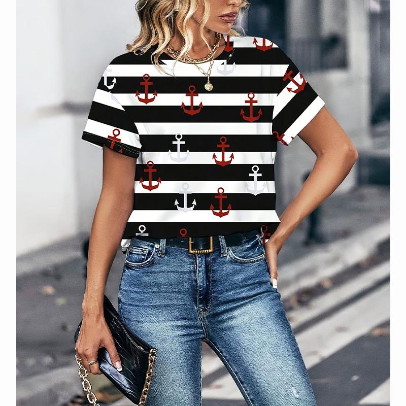 Summer Anchor Stripe 3D Print T-Shirts Women Casual Short Sleeve Round Neck T Shirt Harajuku Y2K Tees Top Female Street Clothing