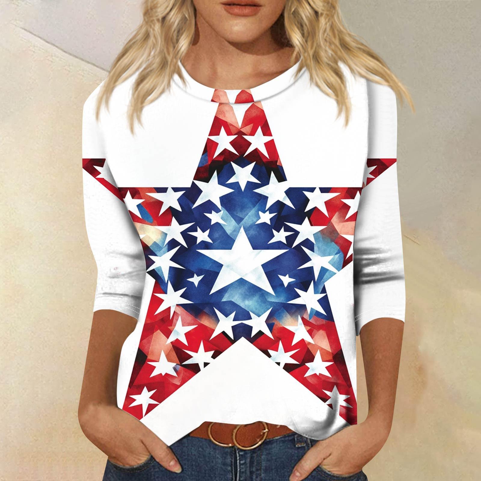 

Женская мода повседневный топ с круглым вырезом и принтом на День независимости с семью рукавами XXL белый