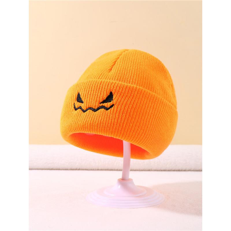 

Хэллоуинская шляпа-тыква, вязаный детский осенне-зимний берет с вышивкой дьявольского смайлика Standard оранжевый