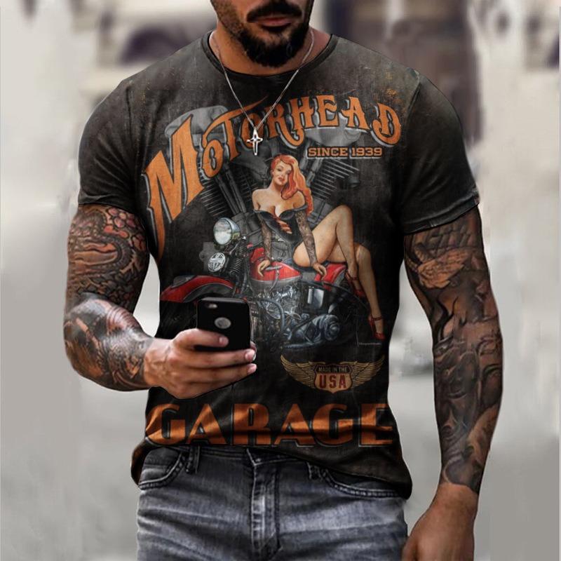 Top Estivo Girocollo Stampa 3D Motivo Motocicletta alla Moda Casual Manica Corta T-shirt da Uomo