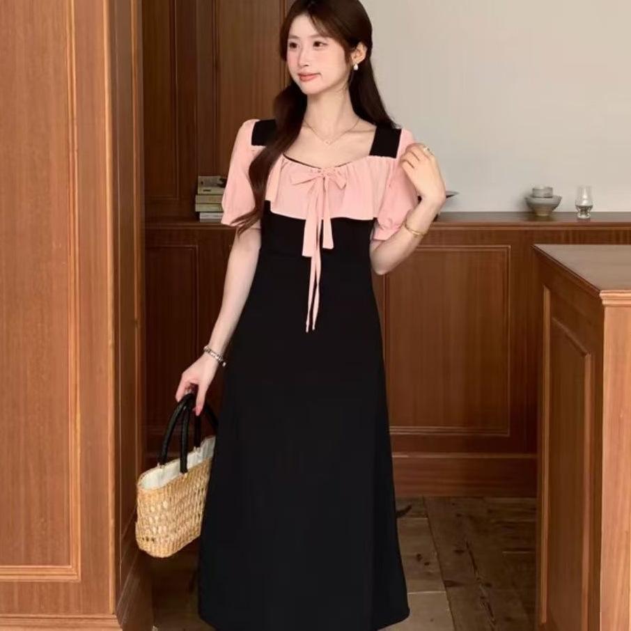 Summer French Style Splicing Contrasting Color Bubble Sleeve Pleated Dress Women's Slim Lace-up Knee A-shaped Long Dress