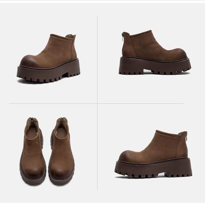 Johnature Genuine Leather Thick Soled Ankle Boots Retro Back Zipper Cowhide Commuting Women's Platform Shoes