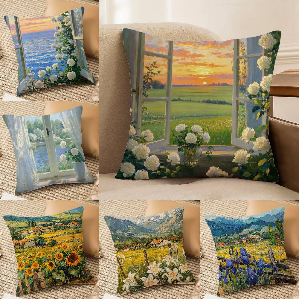 Hand-painted Iandscape Oil Painting Pillow Case Comfort Sofa Bed Silky Elegant Invisible Zipper Decorative Cushion Cover