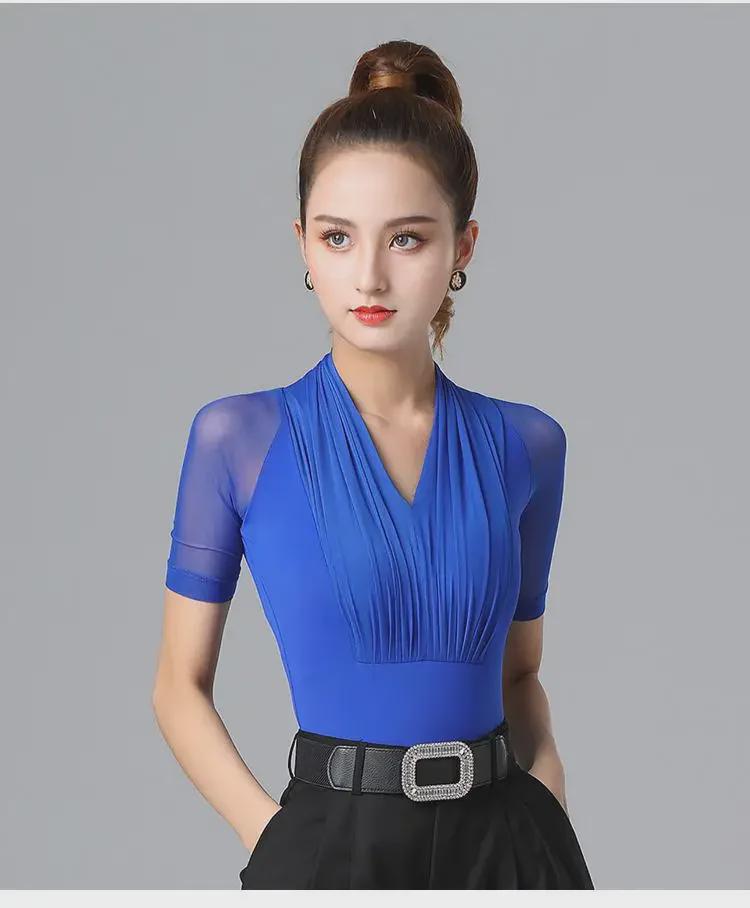 Letnie czerwone plisowane bluzki z siateczki z krótkim rękawem do treningu tańca towarzyskiego latino dla kobiet