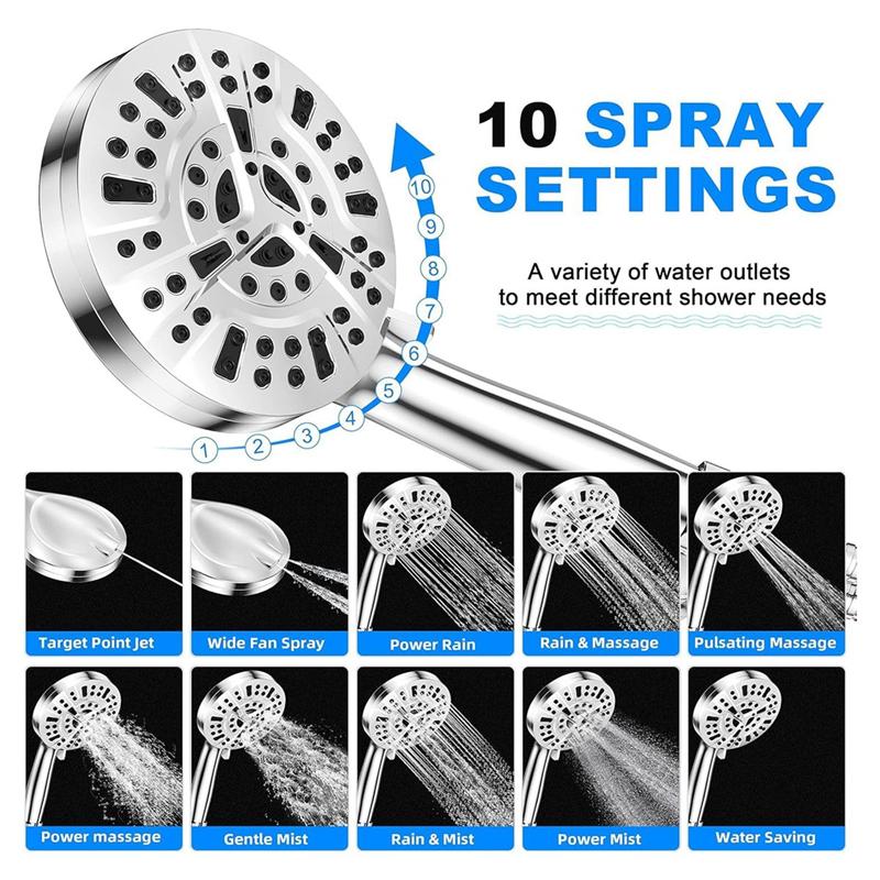 A25F-10-Mode Handheld Shower Head Set With High Pressure, 59" Stainless Steel Hose And Adjustable Brass Bracket Included