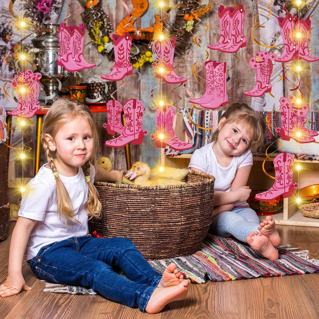 Pajean 57 Pcs Cowgirl Party Decorations with LED Light Pink Boot Hanging Swirls Decorations Western Cowgirl Boot Hanging Banner for Western Baby