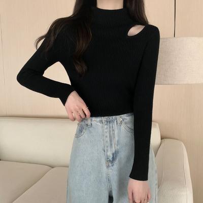 Women's Half Turtleneck Knitted Base Top Hollow Out Sweater with Design Sense Slim Fit Blouse for Autumn and Winter