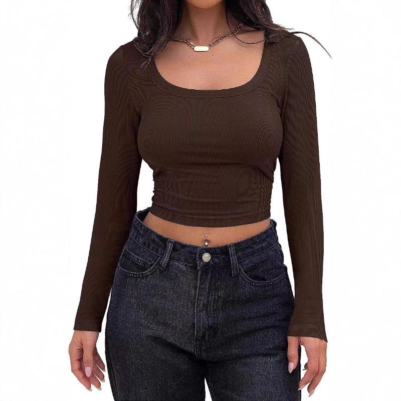Womens Square Neck Ribbed Knit Long Sleeve Crop Top Casual Solid Color Fitted Blouse