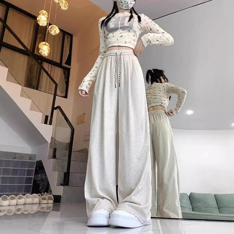 Striped Glutinous Rice Pants Women's Spring and Autumn New Lazy Wind High Waist Loose Wide Leg Pants Drape Straight Floor Pants
