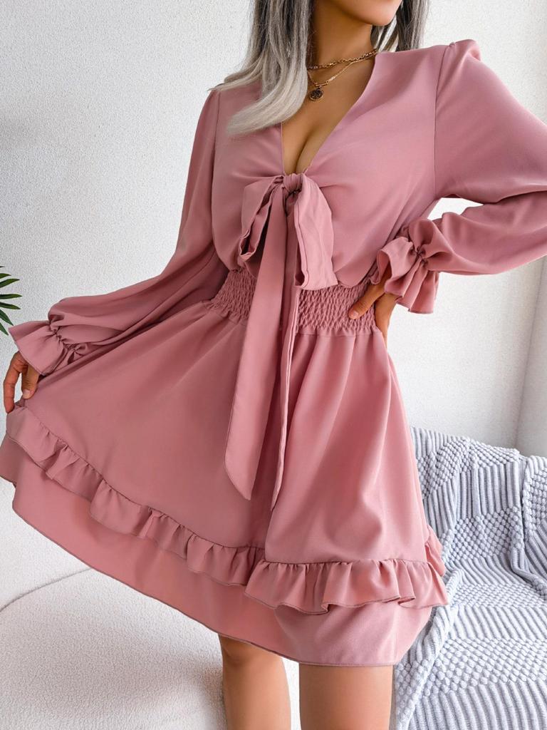 V Neck Solid Color Dress Waist Hugging  Elegant Fungus Dress for Women Long Sleeve Loose Dresses Causal Dress