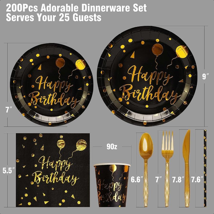 200 Pieces of Black and Gold Birthday Party Supplies Disposable Happy Birthday Tableware Set Gold Plastic Knives Forks Spoons S