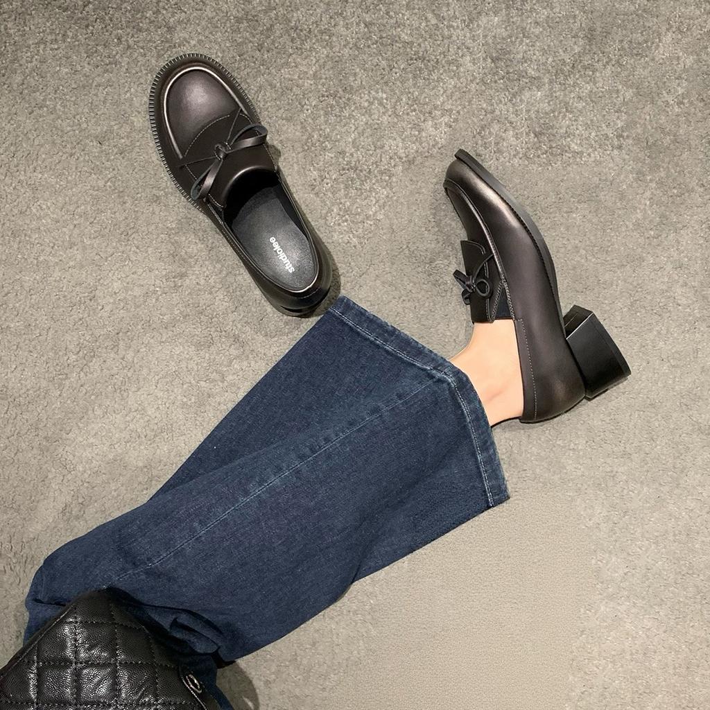 Cowhide Version~ Grape Ma Same Height Increase 5cm Flip Bow Lazy Thick Heel Thick Sole Loafers Women's Small Leather Shoes