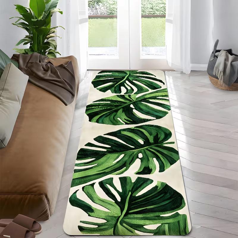 Light Base Tropical Monstera Leaf Runner Rug Minimalist Jungle Plant Print Non Slip Floor Mat for Bathroom Hallway Entry Decor