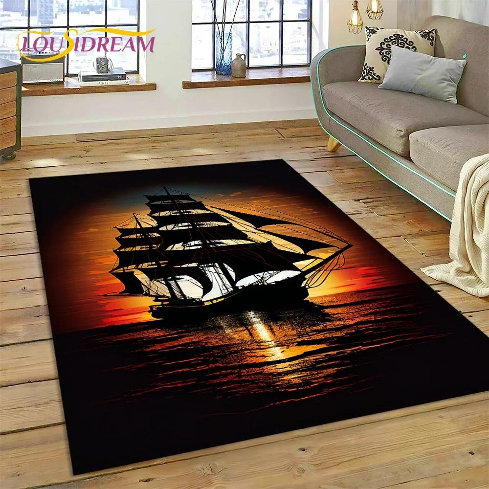 Ancient Pirate Ship Boat,Barque,Sailboa Carpet Rug for Bedroom Living Room Home Sofa Decoration,Child Game Large Decor Floor Mat