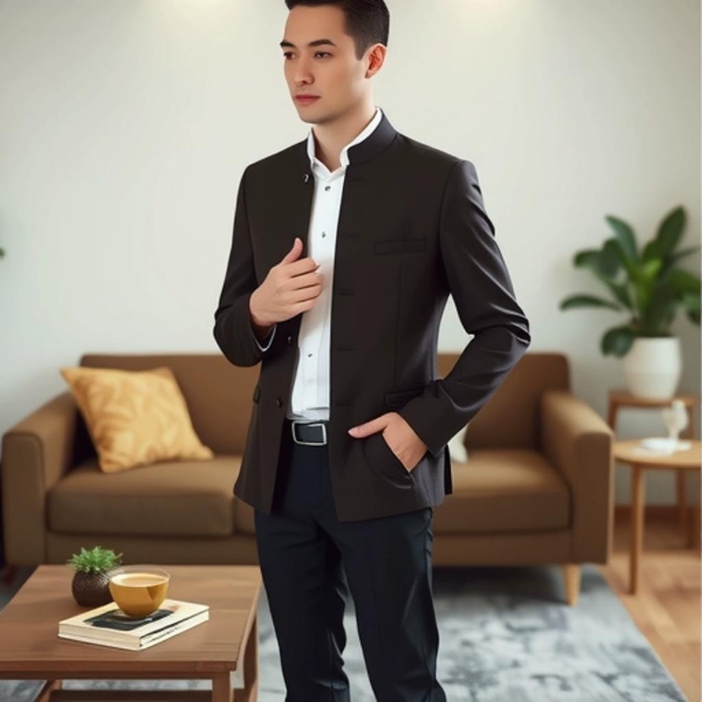 Blazer da Uomo Nero Stile Cinese Collo Alto Manica Lunga Vestibilità Slim alla Moda Giacca Blazer a Singolo Petto