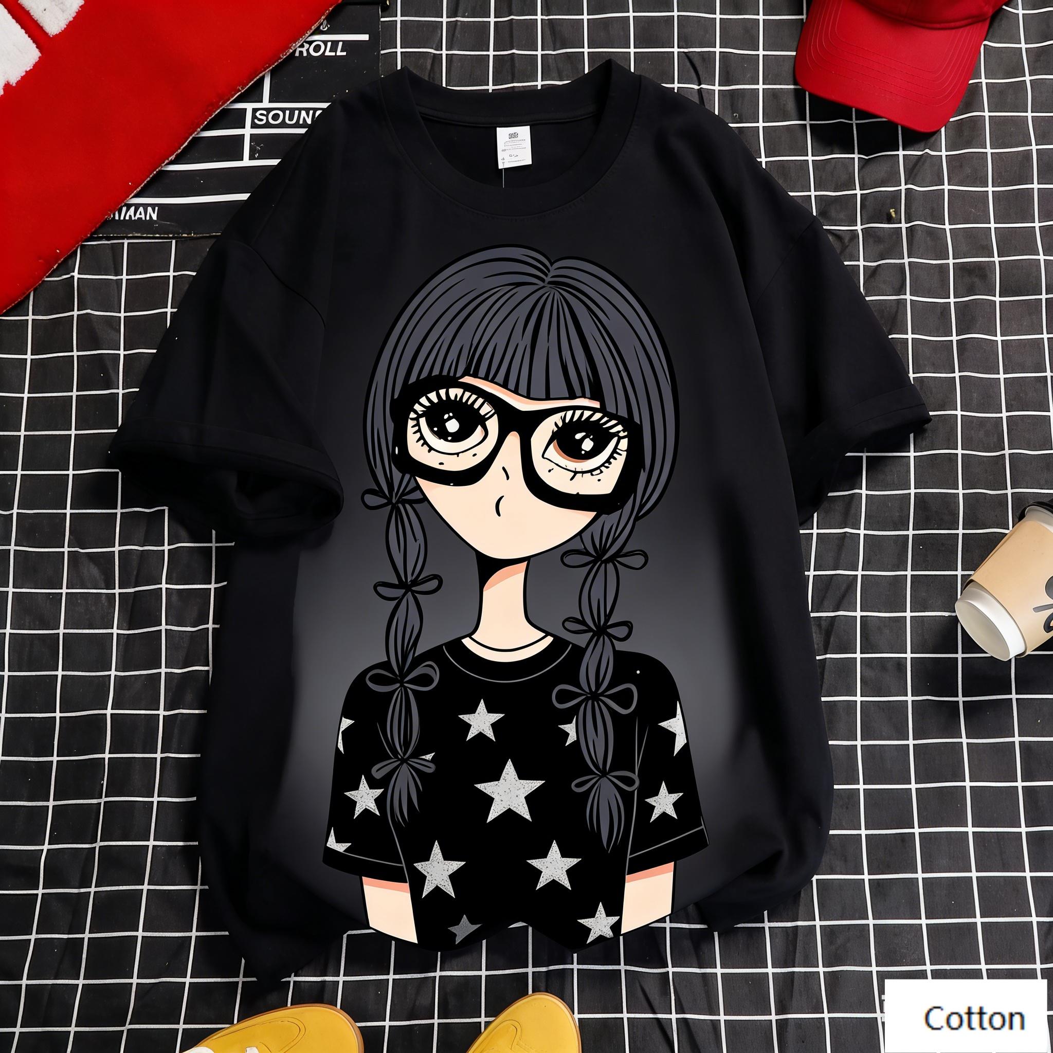 

Cool Anime Girl with Braids and Star Print Graphic TShirt Black and White Pure Cotton Tee Sweet and Edgy Style Unisex Top S