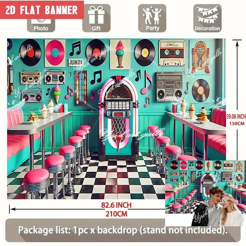2D Flat Banner, 1 Piece of Retro Jukebox Music-themed Party Decoration, Retro Vinyl Records and Ice Cream Cone Design