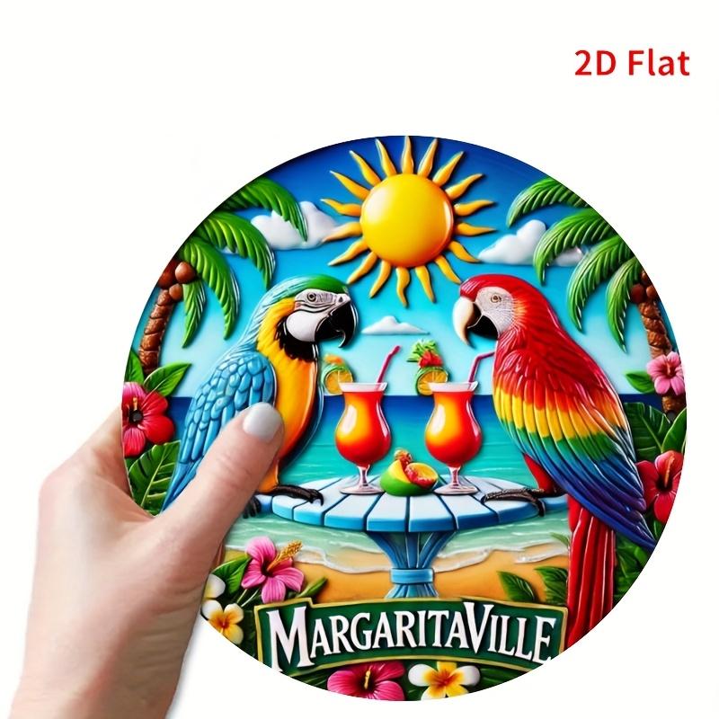 Margaritaville Tropical Parrots Beach Party Round Metal Tin Sign Vibrant D Style Coastal Wall Art Decor for Tiki Bar