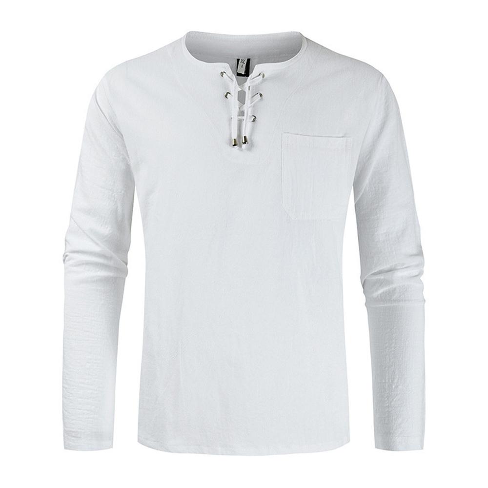 

Мужская хлопковая льняная блузка с длинным рукавом, свободная блузка с V-образным вырезом, футболки, блузки M белый