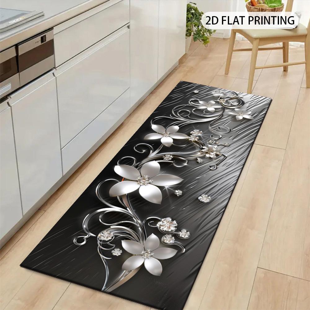 1Pcs Light Luxury Easy Silvery Floral Swirl Non-Slip Washable Area Rug Runner for Entryway, Living Room, Bedroom & Patio